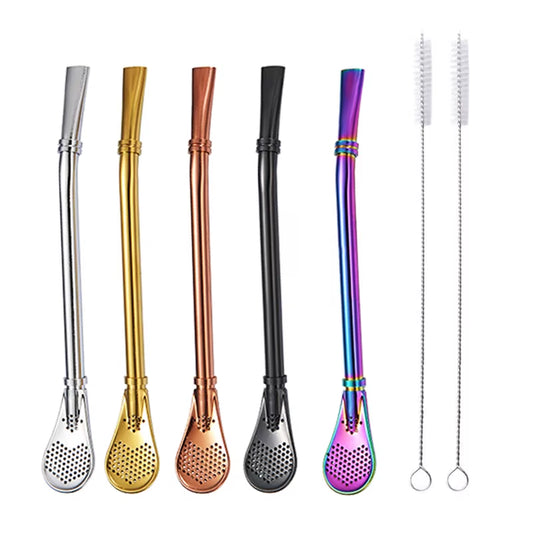 2Pcs Yerba Mate Bombilla Stainless Steel Straw Loose Leaf Tea Infuser Dringking Spoons Filter Stirring Straws W Cleaning Brush