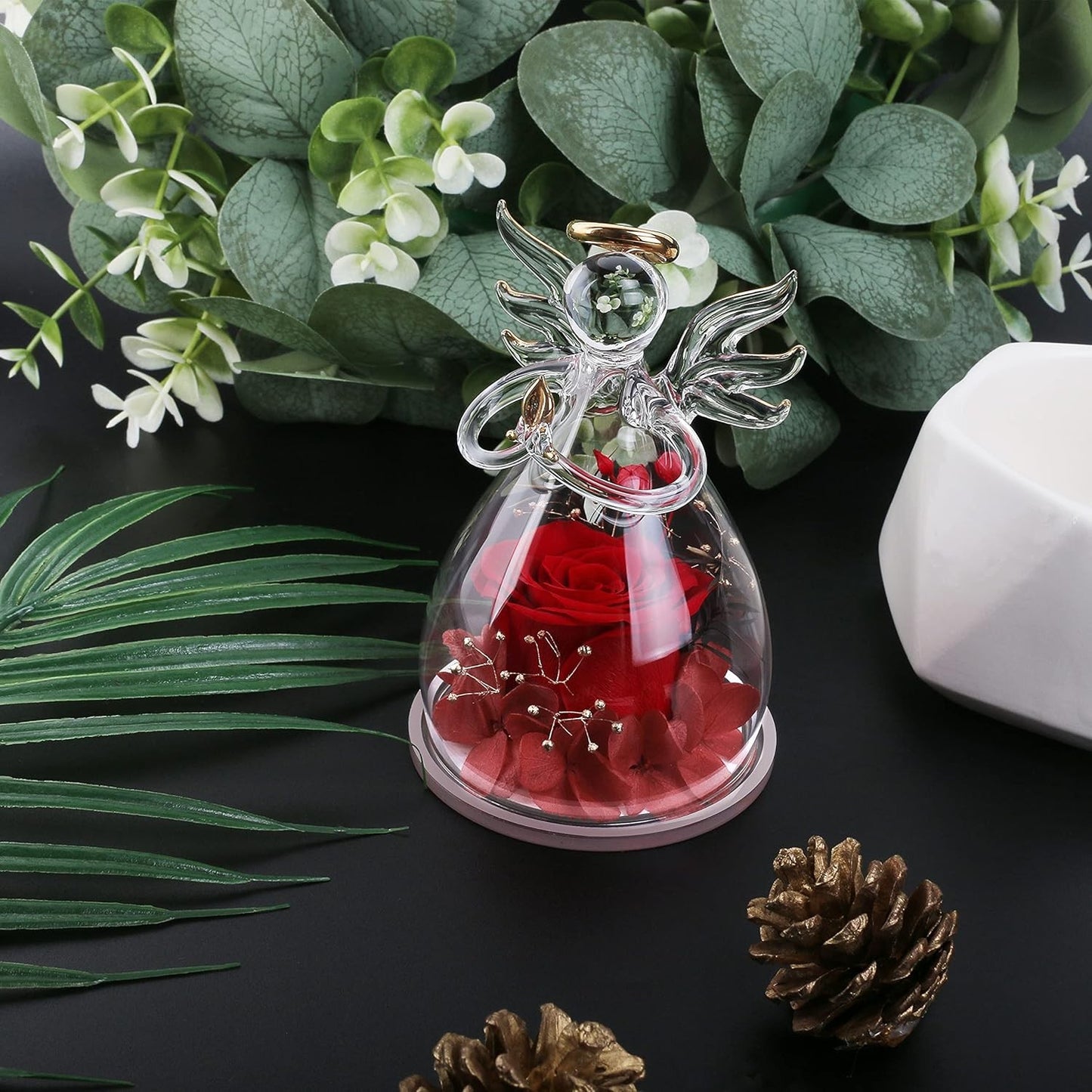 Preserved Flower Rose in Glass Angel Figurines,Moth