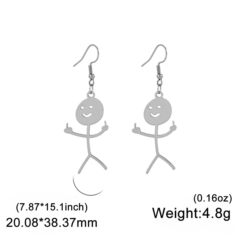 Funny Doodle Earrings for Woman 2026 Trend Punk Middle Finger Stickman Hip Hop Stainless Steel Dangle Earrings
