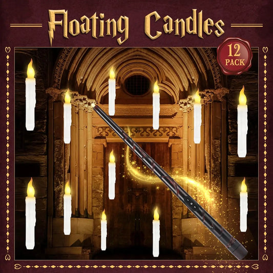 Floating Candles with Wand 12Pcs Magic Hanging Candles with Flameless Candle with Wand Remote 3D Decorations for Halloween Party