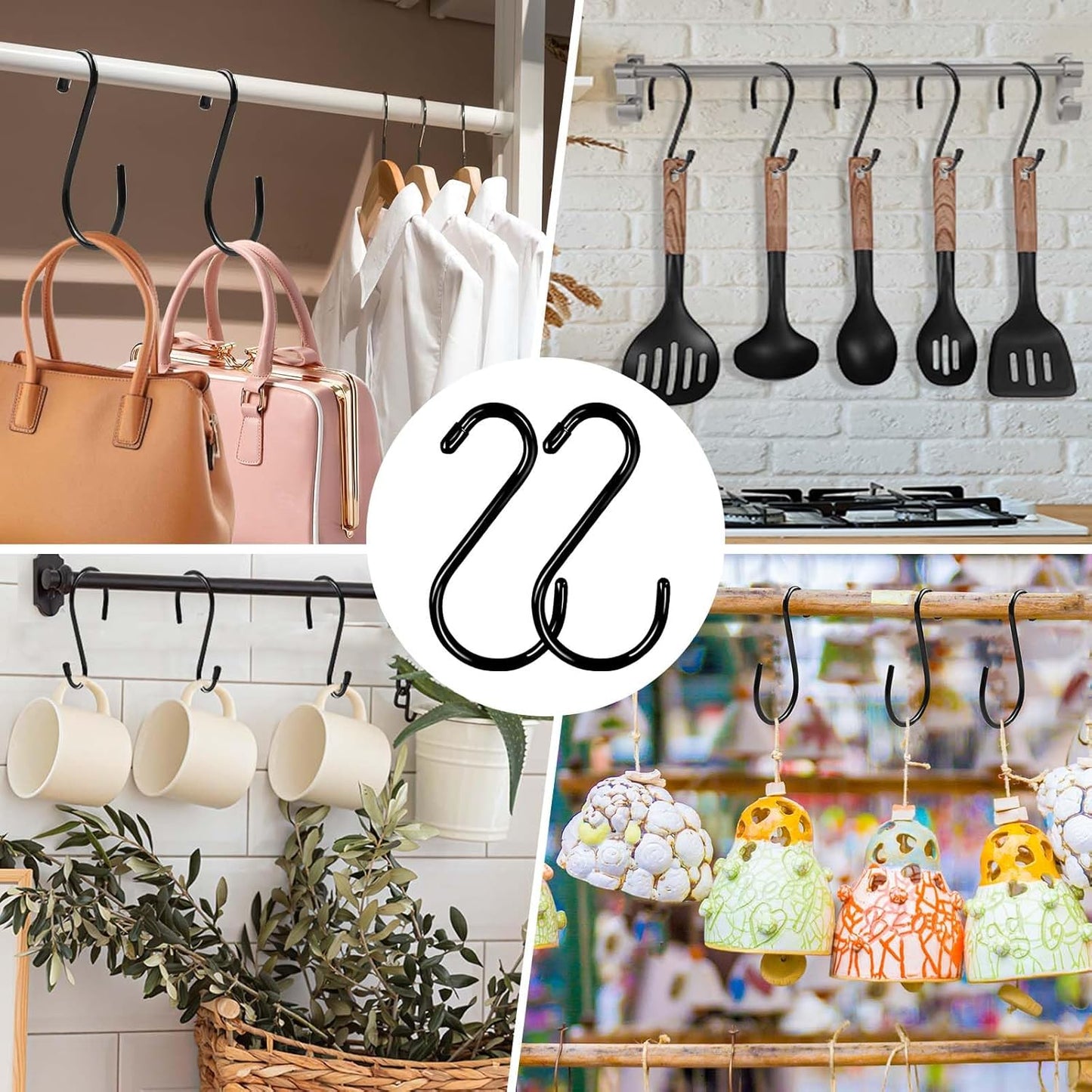 6 Inch Heavy Duty S Hooks, Large S Hook for Hanging Plants, Vinyl Coated S Hook 6 Pack Sturdy Non Slip Black S Hooks for Hanging Closet,Bird Feeders,Kitchen,Large Object,Garden Tools