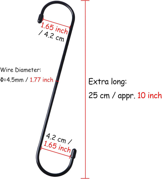 6 Pack 10 Inch Extra Long Heavy Duty S Hooks for Hanging Plant, Closet, Flower, Basket, Garden, Patio, Bird Feeder (Black)