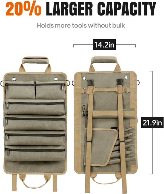 Tool Roll up Bag, 1680D Heavy Duty Tool Bag Organizer with 2 Detachable Tool Pouches & Multiple Pockets, Waterproof Motorcycle Tool Roll for Mechanic & Electrician, Gift for Men Him Dad, 21.9"*14.2"