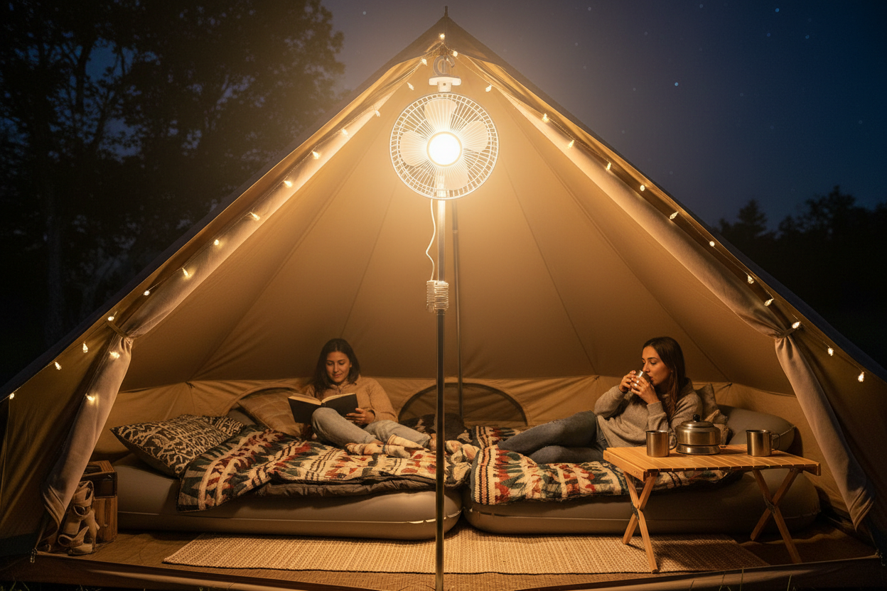 Portable Camping Ceiling Fan with LED Light & Remote Control – Rechargeable
