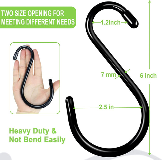 6 Inch Heavy Duty S Hooks, Large S Hook for Hanging Plants, Vinyl Coated S Hook 6 Pack Sturdy Non Slip Black S Hooks for Hanging Closet,Bird Feeders,Kitchen,Large Object,Garden Tools