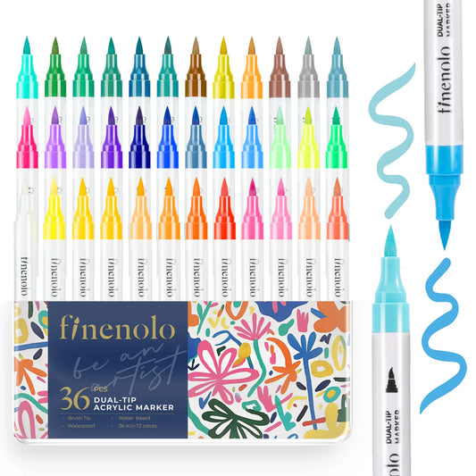 Finenolo 24/48/72 Dual Tip Acrylic Paint Markers, Brush Tip Acrylic Paint Pens Set, Double Ended Drawing Art Pens for Rock, Ceramic, Wood, Canvas, Plastic, Glass, Stone, DIY Crafts Gift, Metallic, Storage Box, Easter Gifts, Egg Decorations