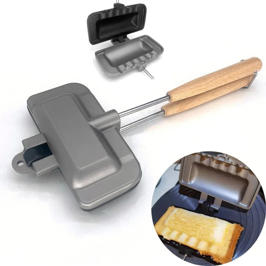 Hot Dog Toaster Double-Sided Non-Stick Pan Flip Design Compact Sandwich Maker for Home Camping Ergonomic Wood Handle Quick Snack