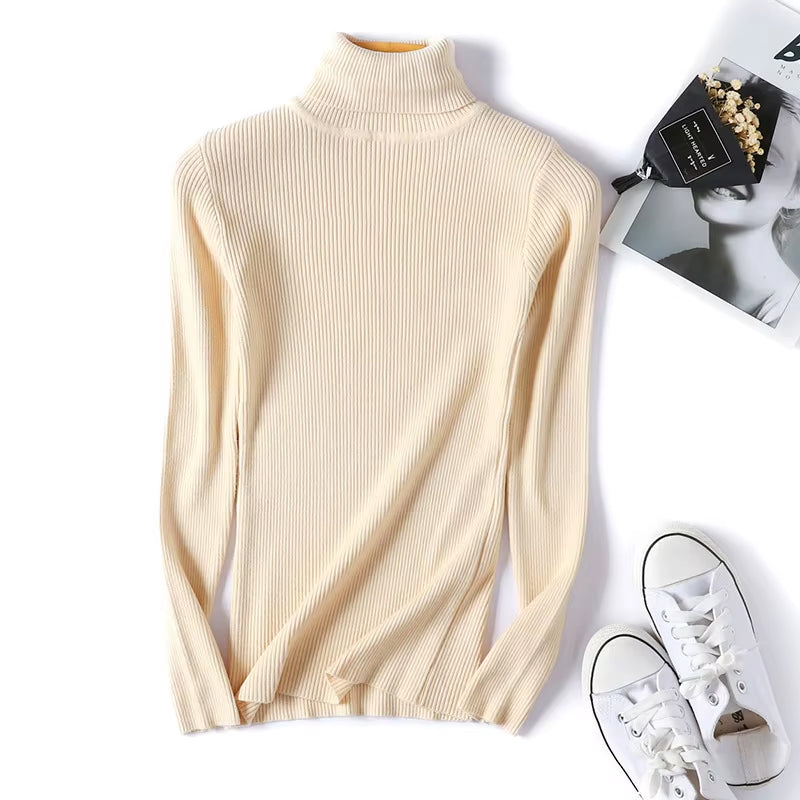 Casual Soft Polo-Neck Jumper New Autumn Winter Women Knitted Turtleneck Sweater Fashion Slim Elasticity Solid Ribbed Pullovers