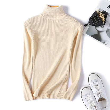 Casual Soft Polo-Neck Jumper New Autumn Winter Women Knitted Turtleneck Sweater Fashion Slim Elasticity Solid Ribbed Pullovers
