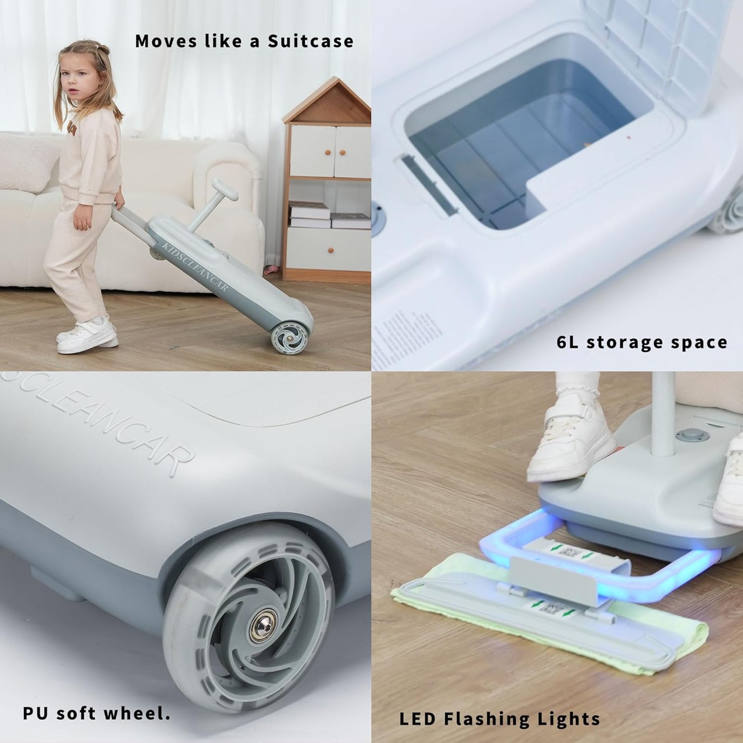 12V Ride-On Car with Cleaning Fun, 3 in 1 Gokart, Soft-Start, 5-Speed Adjustable, Detachable Mop, Rechargeable Battery, 160Lbs Capacity, Indoor & Outdoor for Kids Ages 3+ Gray