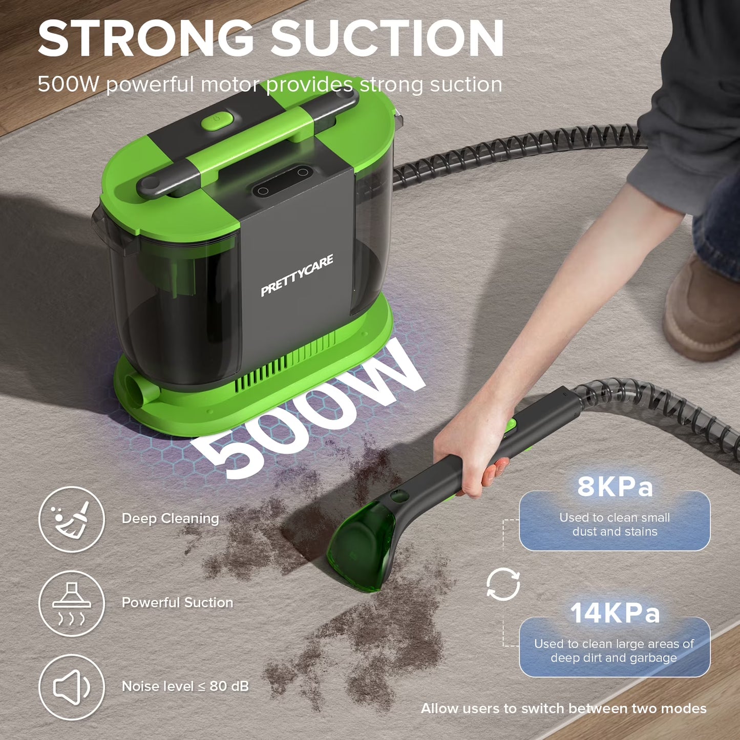 Portable Carpet Shampooer,Upholstery Cleaner,14Kpa Strong Suction Carpet Cleaner Machine,500W Powerful Motor