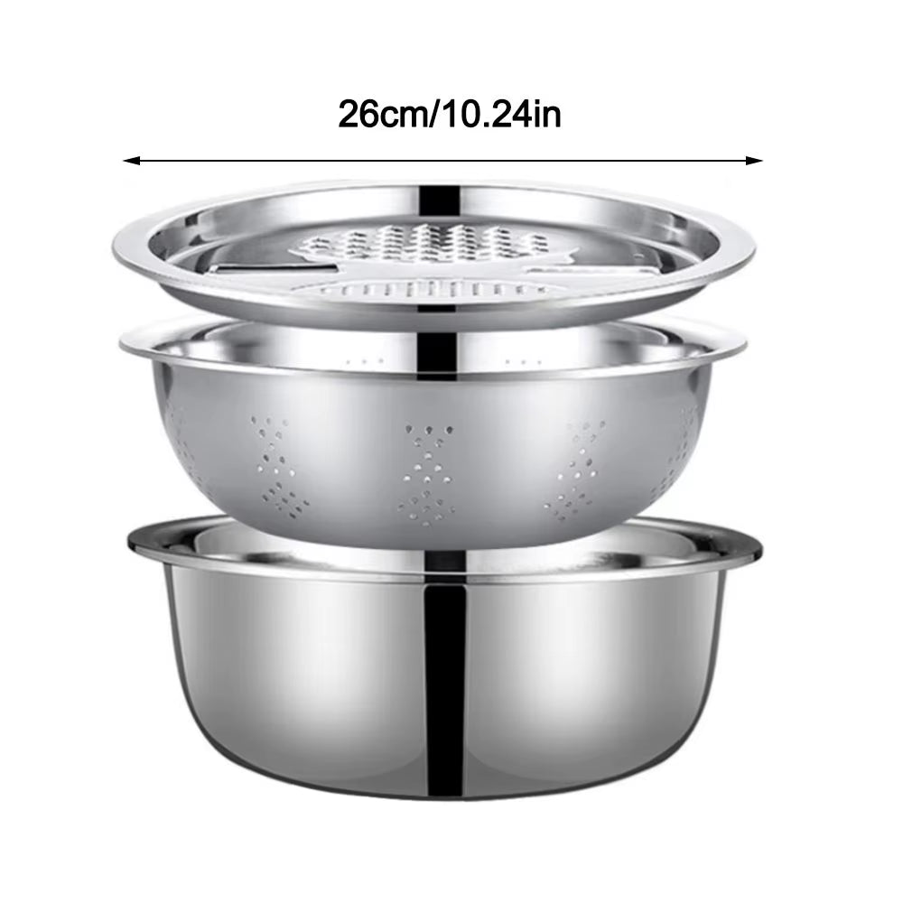 3Pcs/Set 3-In-1 Drain Wash Vegetables Basin with Strainer Sink Bowl Large Capacity Rice Wash Basin with Grater Cover