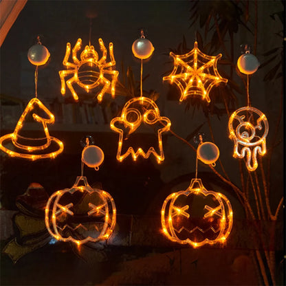 1Pc 2025 New Orange Pumpkin Ghost Suction Cup Light Halloween Decoration Autumn Window Light Halloween Home Hanging Decorations