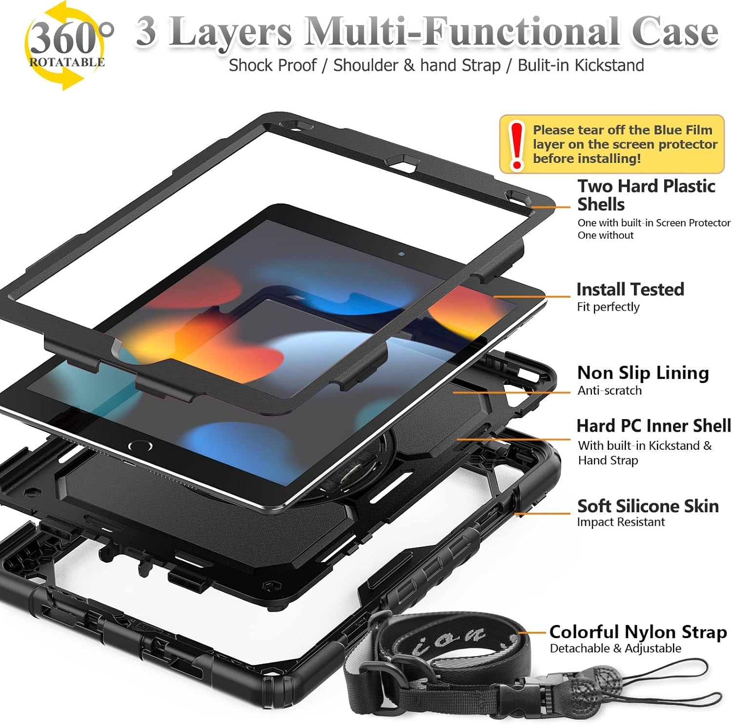 Case for Ipad 9Th/ 8Th/ 7Th Generation 10.2'', Shockproof with Screen Protector, Pencil Holder [360° Rotating Hand Strap] & Stand, for Ipad 10.2 Inch 2021-2019 (Black)