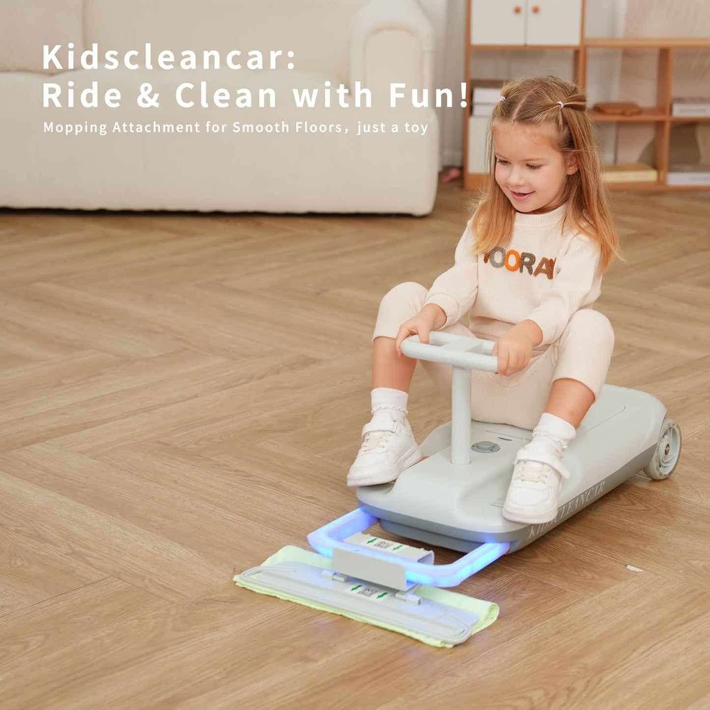 12V Ride-On Car with Cleaning Fun, 3 in 1 Gokart, Soft-Start, 5-Speed Adjustable, Detachable Mop, Rechargeable Battery, 160Lbs Capacity, Indoor & Outdoor for Kids Ages 3+ Gray