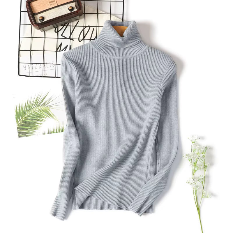 Casual Soft Polo-Neck Jumper New Autumn Winter Women Knitted Turtleneck Sweater Fashion Slim Elasticity Solid Ribbed Pullovers