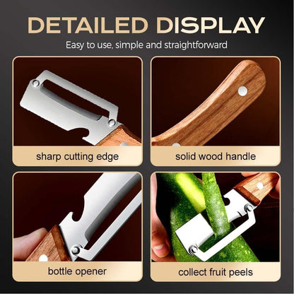 Multi Functional Vegetable Peeler, Kitchen Multi-Function Stainless Steel Thickened Truit Peeler Knife with Wooden Handle, Kitchen Tool for Potato, Carrot, Pumpkin, Papaya, Pineapple, Sugar Cane