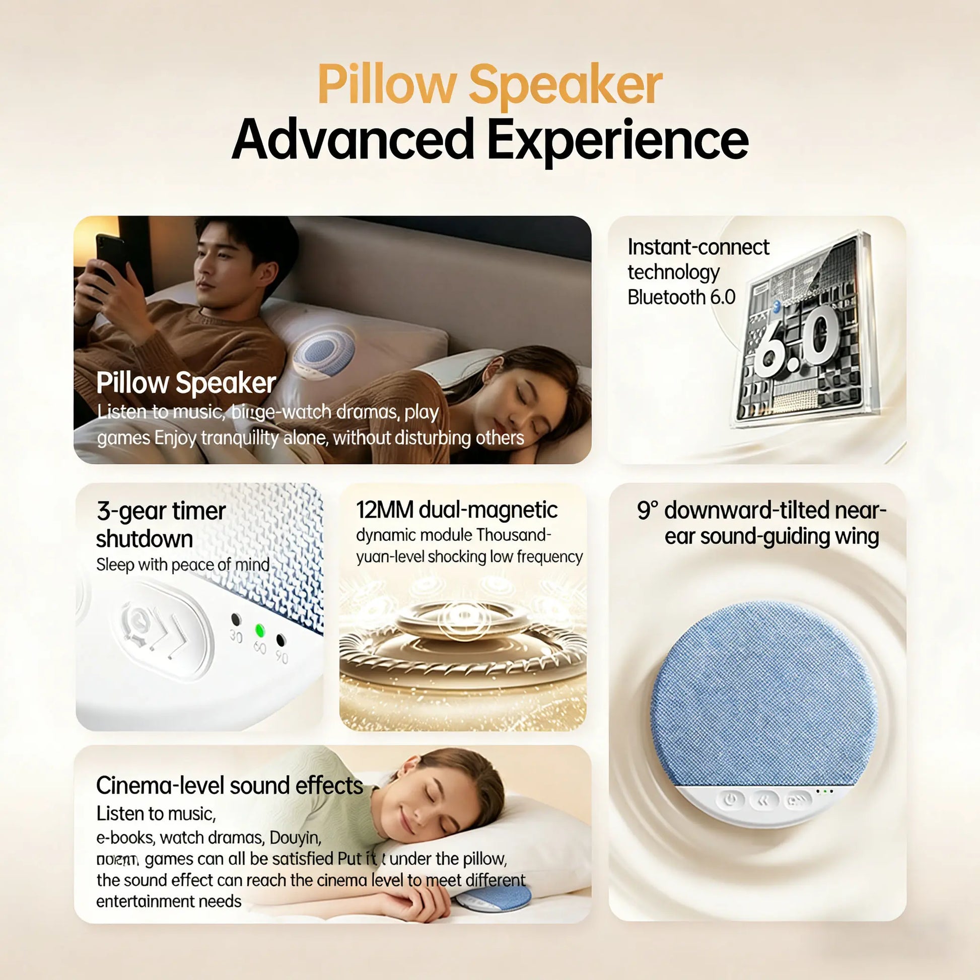 Pillow Speaker Bluetooth Wireless Ultra-Thin Bone Conduction Sleep Aid with White Noise Timer Portable Speaker for Side Sleepers Private Audio No Disturb Partner Smartphone