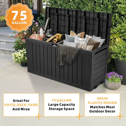 Deck Box, 75 Gallon Resin Box on Wheels, Large Outdoor Storage Box, Outdoor Waterproof Storage Chest for outside Furniture Cushions, Garden Tools, Black, D7226