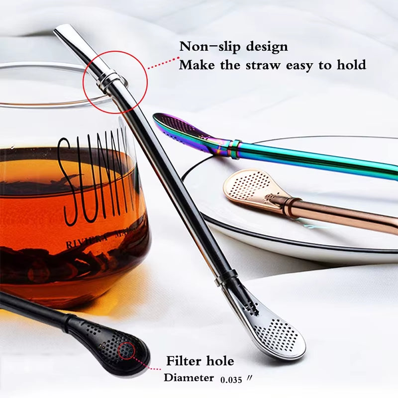 2Pcs Yerba Mate Bombilla Stainless Steel Straw Loose Leaf Tea Infuser Dringking Spoons Filter Stirring Straws W Cleaning Brush
