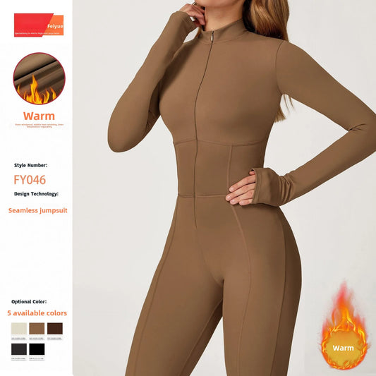 Fleece Lined One-Piece Fitness Suit for Running Yoga and Outdoor Sports Warm Tightened Romper Suitable for Autumn and Winter