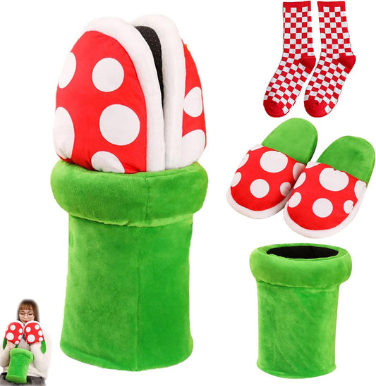 Piranha Plant Slippers with Pipe Pot Holder - Mushroom Slippers Loafer with Red Socks