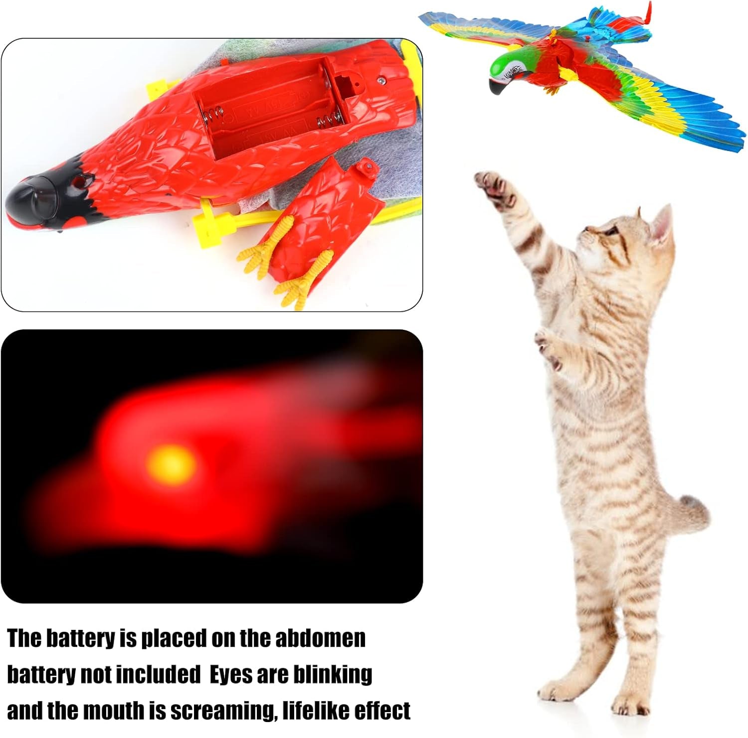 Simulation Bird Cat Toy with Lights and Sound, Interactive Hanging Spinning Electric Toy Bird for Cats Indoor Ceiling Kitten Play Chase Exercise Eliminating Boredom(Parrot)