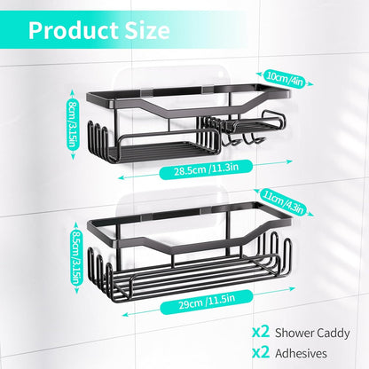 Storage Shower Shelves, Shower Caddy Organiser with 11 Hooks, Shelf with Razor Holder,Soap Dish,Towel Hook Bathroom Accessories Black,3 Sticker,2 Pcs