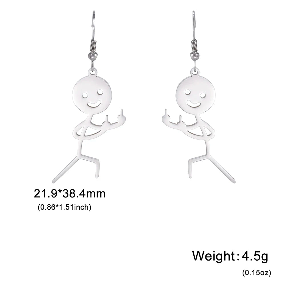 Funny Doodle Earrings for Woman 2026 Trend Punk Middle Finger Stickman Hip Hop Stainless Steel Dangle Earrings