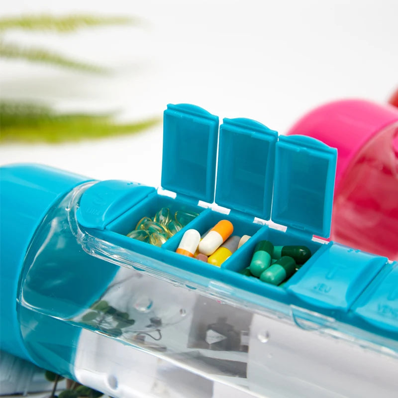 2 in 1 600Ml 7 Grids Medicine Box Water Cup Sports Plastic Water Bottle Combine Daily Pill Boxes Organizer Drinking Bottles