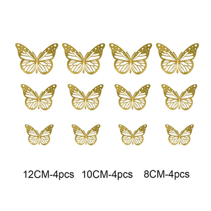 12Pcs 3D Hollow Butterfly Wall Stickers Gold Rose Gold Silver Butterflies Stickers for Wedding Birthday Home Room Decorations