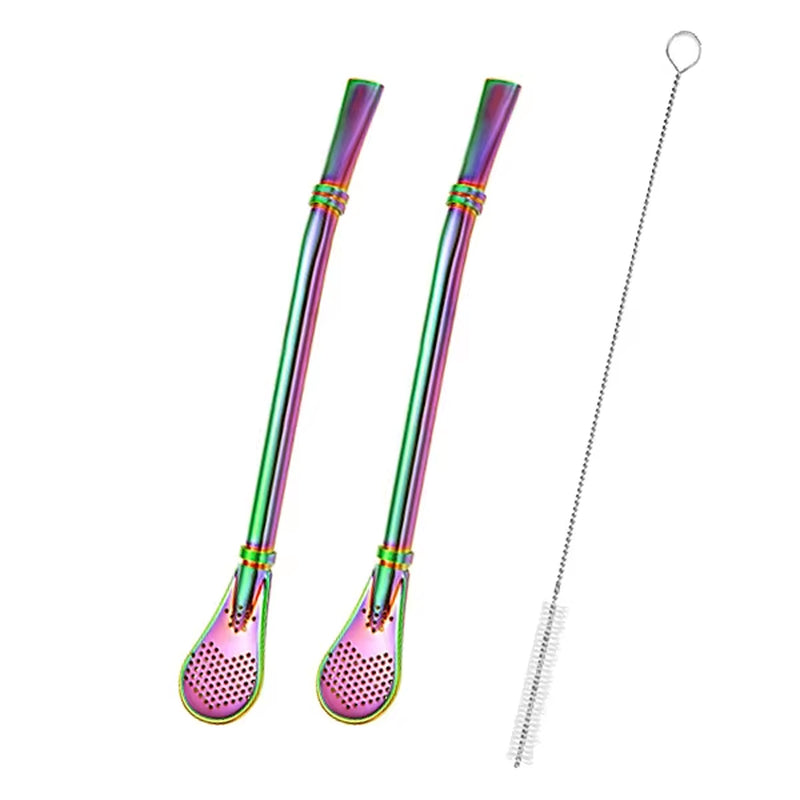 2Pcs Yerba Mate Bombilla Stainless Steel Straw Loose Leaf Tea Infuser Dringking Spoons Filter Stirring Straws W Cleaning Brush