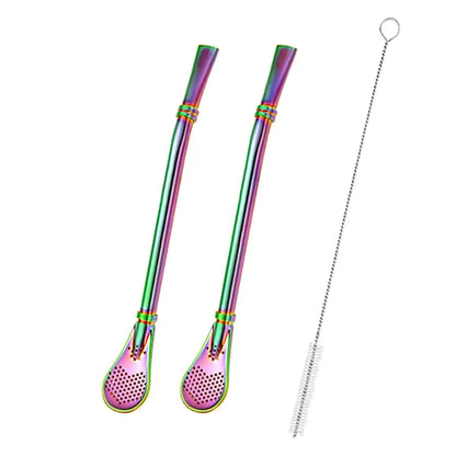 2Pcs Yerba Mate Bombilla Stainless Steel Straw Loose Leaf Tea Infuser Dringking Spoons Filter Stirring Straws W Cleaning Brush