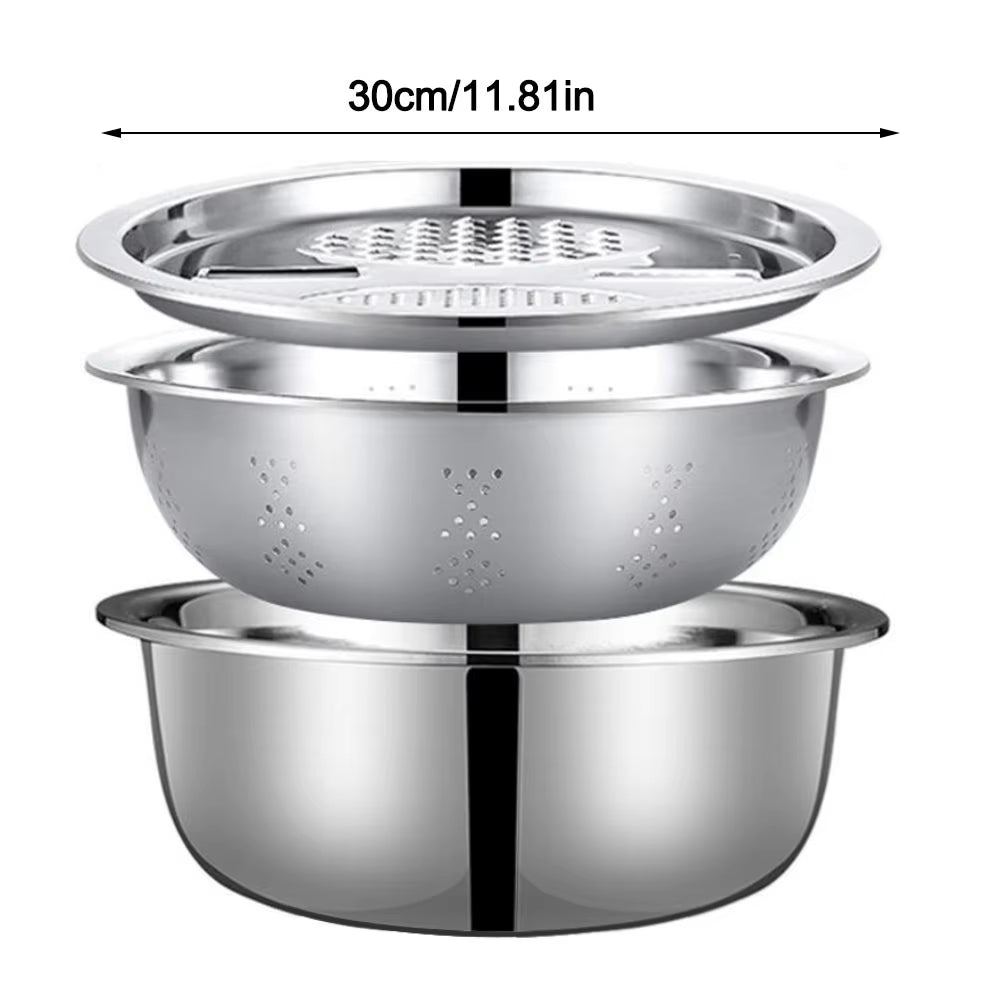 3Pcs/Set 3-In-1 Drain Wash Vegetables Basin with Strainer Sink Bowl Large Capacity Rice Wash Basin with Grater Cover