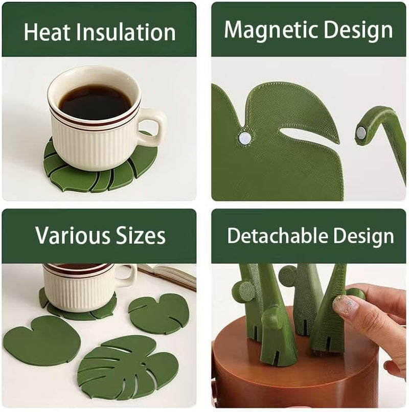 Monstera Coaster Set of 4, Magnetic Non-Slip Turtle Leaf Coasters, Waterproof Reusable Tropical Plant Coasters for Home Desk Dining Decor, Christmas Thanksgiving (Have a Basin)