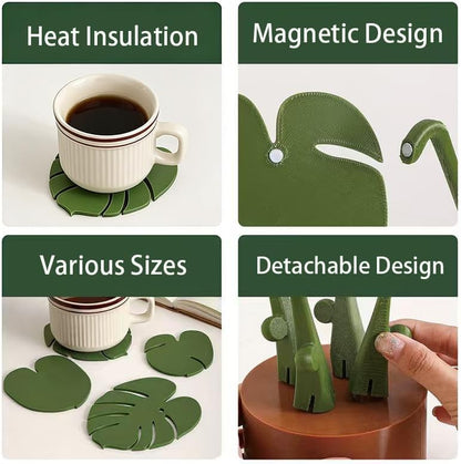 Monstera Coaster Set of 4, Magnetic Non-Slip Turtle Leaf Coasters, Waterproof Reusable Tropical Plant Coasters for Home Desk Dining Decor, Christmas Thanksgiving (Have a Basin)