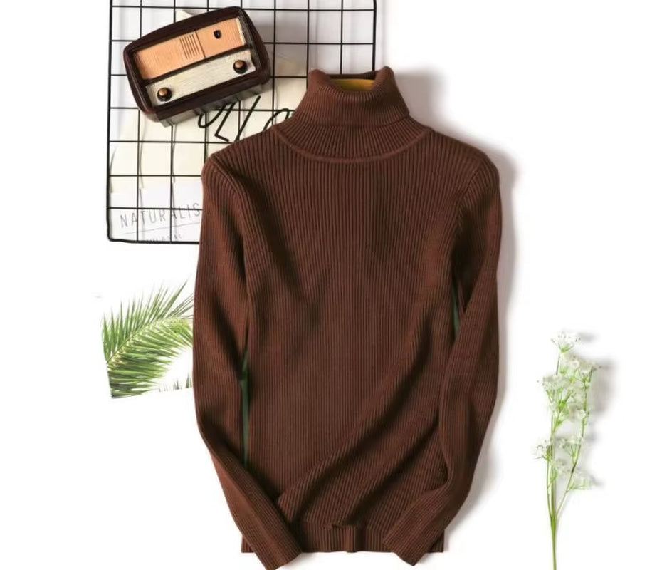 Casual Soft Polo-Neck Jumper New Autumn Winter Women Knitted Turtleneck Sweater Fashion Slim Elasticity Solid Ribbed Pullovers