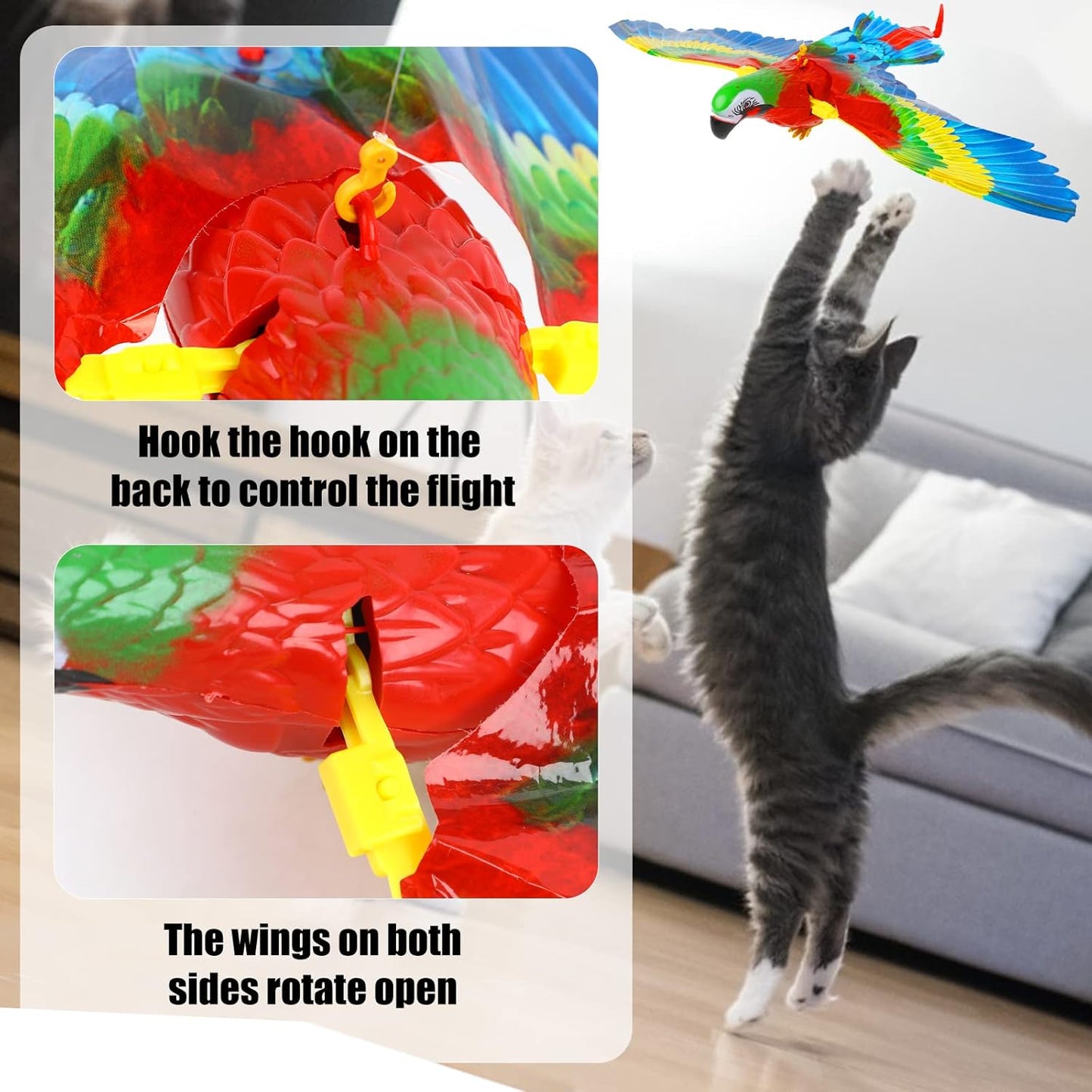 Simulation Bird Cat Toy with Lights and Sound, Interactive Hanging Spinning Electric Toy Bird for Cats Indoor Ceiling Kitten Play Chase Exercise Eliminating Boredom(Parrot)