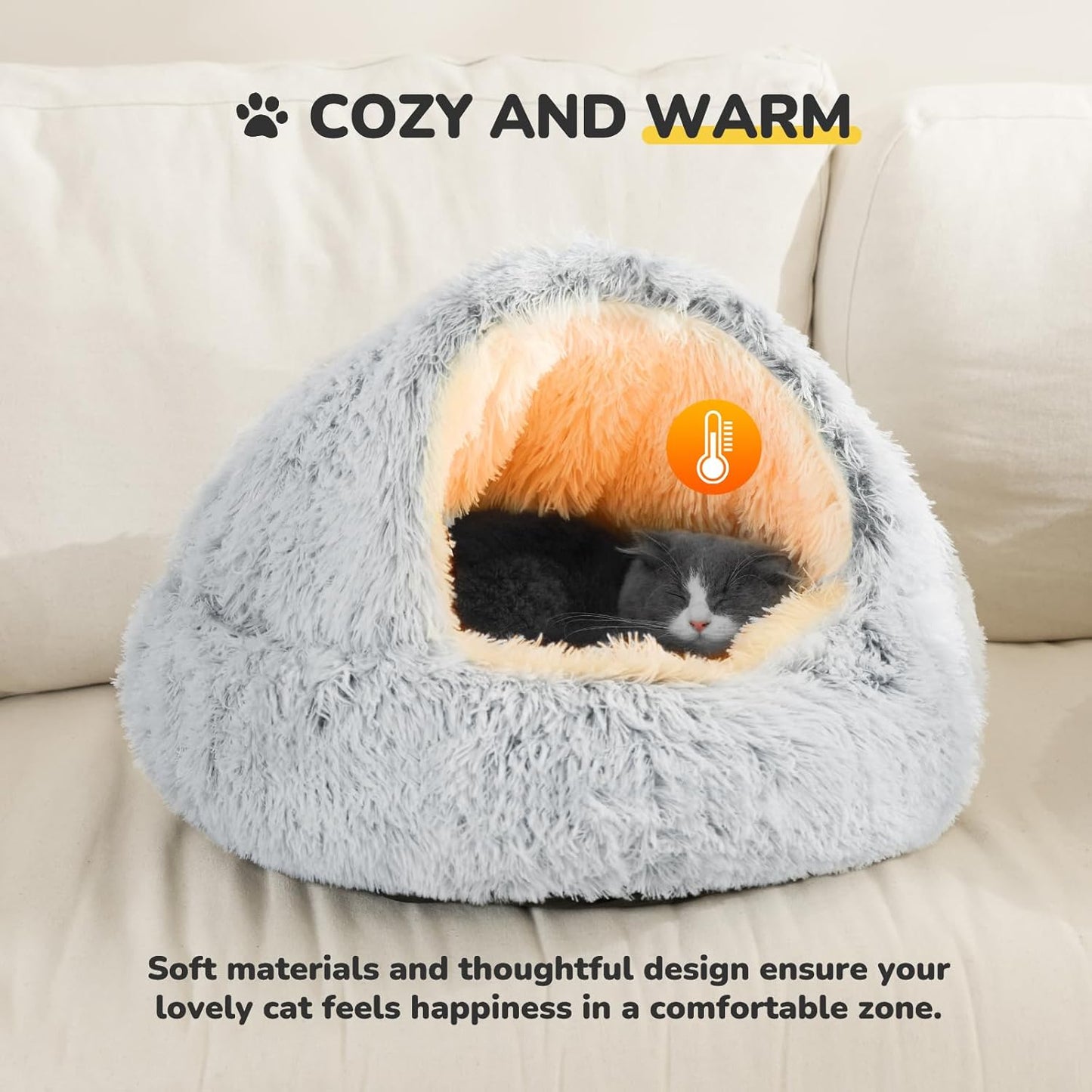 Cozy Plush Hooded Cat Bed, Indoor/Outdoor, Self-Warming Cave, Removable Washable Non-Slip Bottom