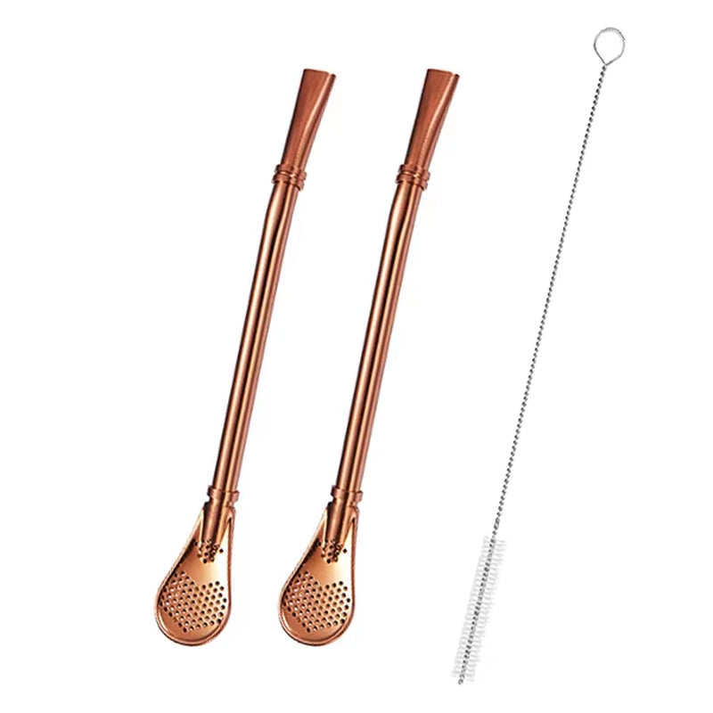 2Pcs Yerba Mate Bombilla Stainless Steel Straw Loose Leaf Tea Infuser Dringking Spoons Filter Stirring Straws W Cleaning Brush