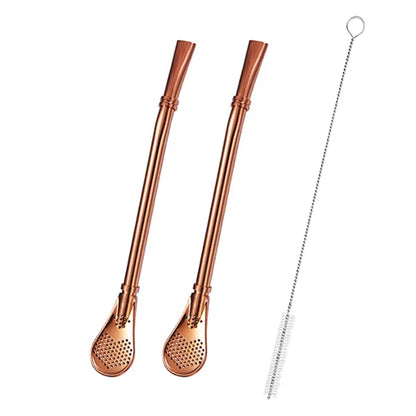 2Pcs Yerba Mate Bombilla Stainless Steel Straw Loose Leaf Tea Infuser Dringking Spoons Filter Stirring Straws W Cleaning Brush