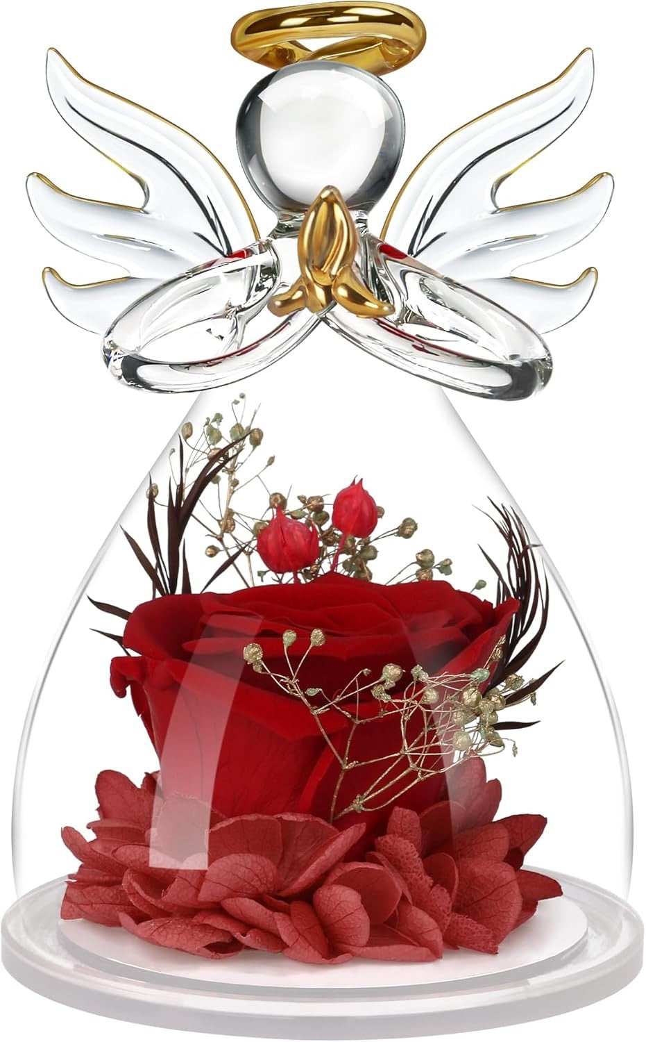 Preserved Flower Rose in Glass Angel Figurines,Moth