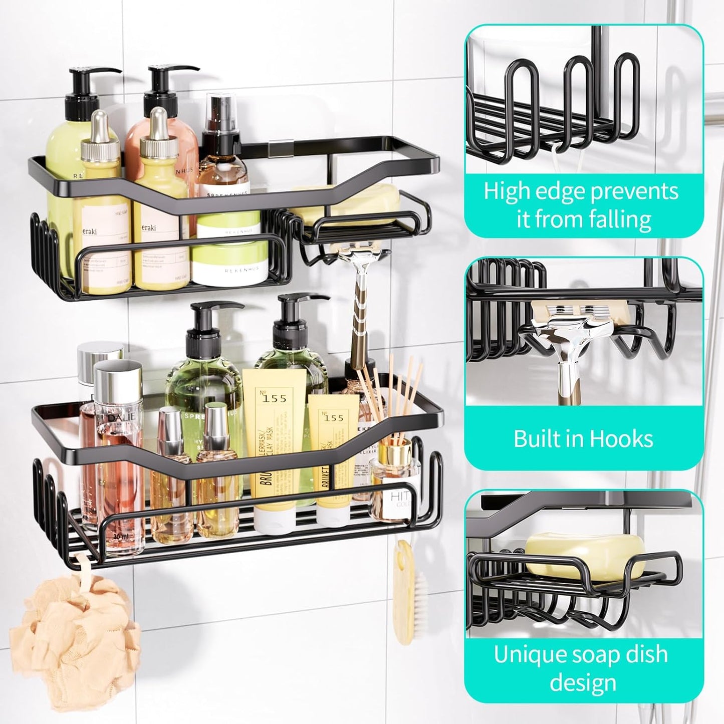 Storage Shower Shelves, Shower Caddy Organiser with 11 Hooks, Shelf with Razor Holder,Soap Dish,Towel Hook Bathroom Accessories Black,3 Sticker,2 Pcs