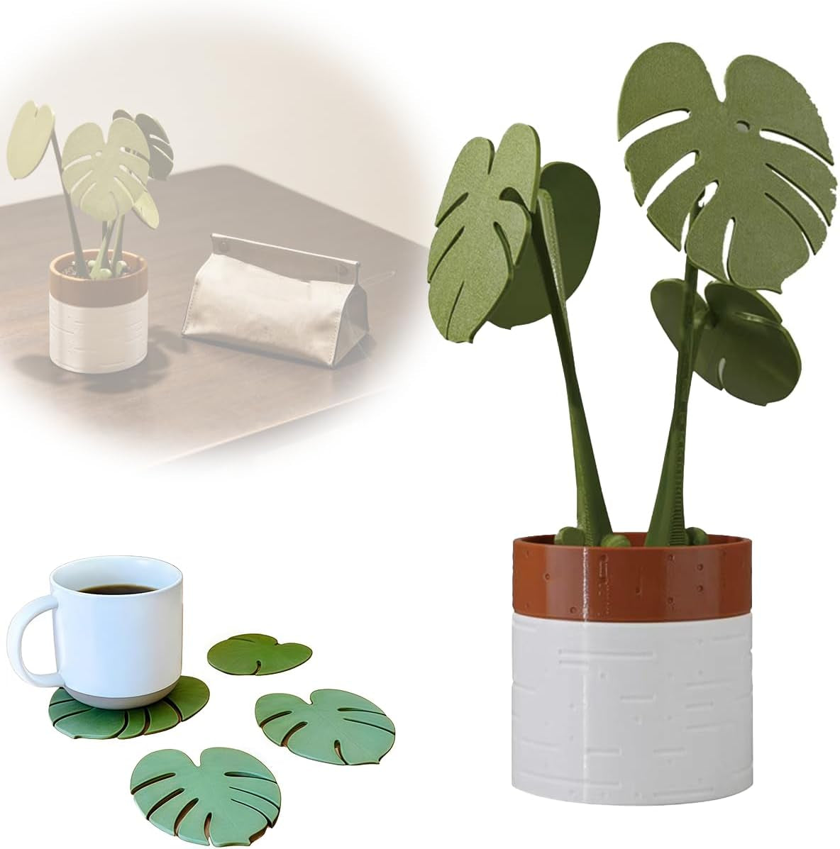 Monstera Coaster Set of 4, Magnetic Non-Slip Turtle Leaf Coasters, Waterproof Reusable Tropical Plant Coasters for Home Desk Dining Decor, Christmas Thanksgiving (Have a Basin)