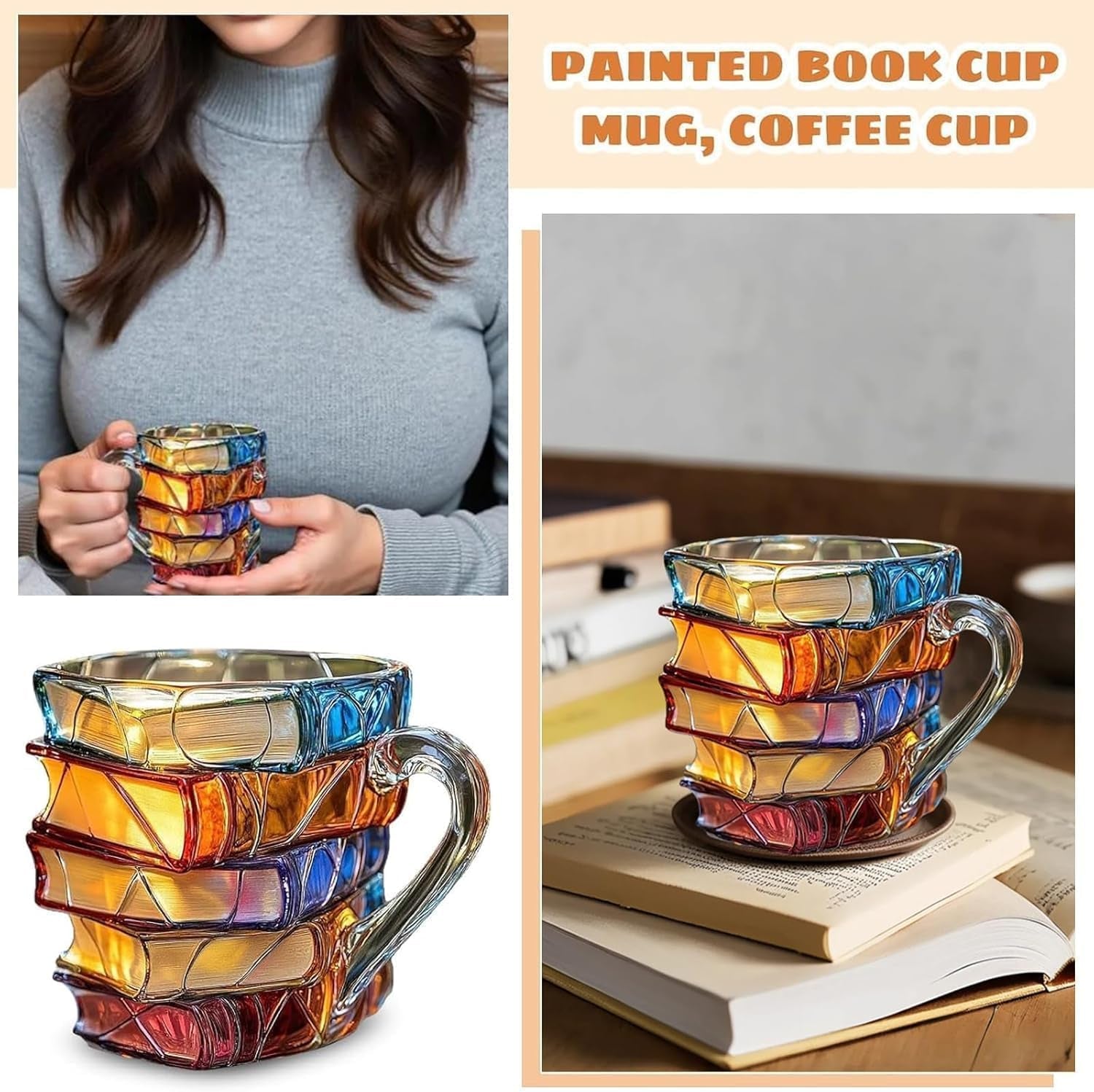 Painted Book Mug Novelty Coffee Mugs,, 3D Painted , Novelty Unique Books Coffee Cup, Painted Glass Coffee Cup Gift for Readers