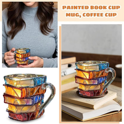 Painted Book Mug Novelty Coffee Mugs,, 3D Painted , Novelty Unique Books Coffee Cup, Painted Glass Coffee Cup Gift for Readers