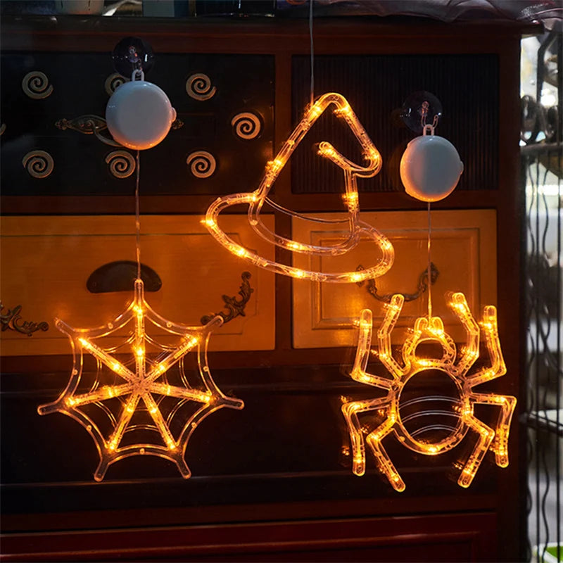 1Pc 2025 New Orange Pumpkin Ghost Suction Cup Light Halloween Decoration Autumn Window Light Halloween Home Hanging Decorations
