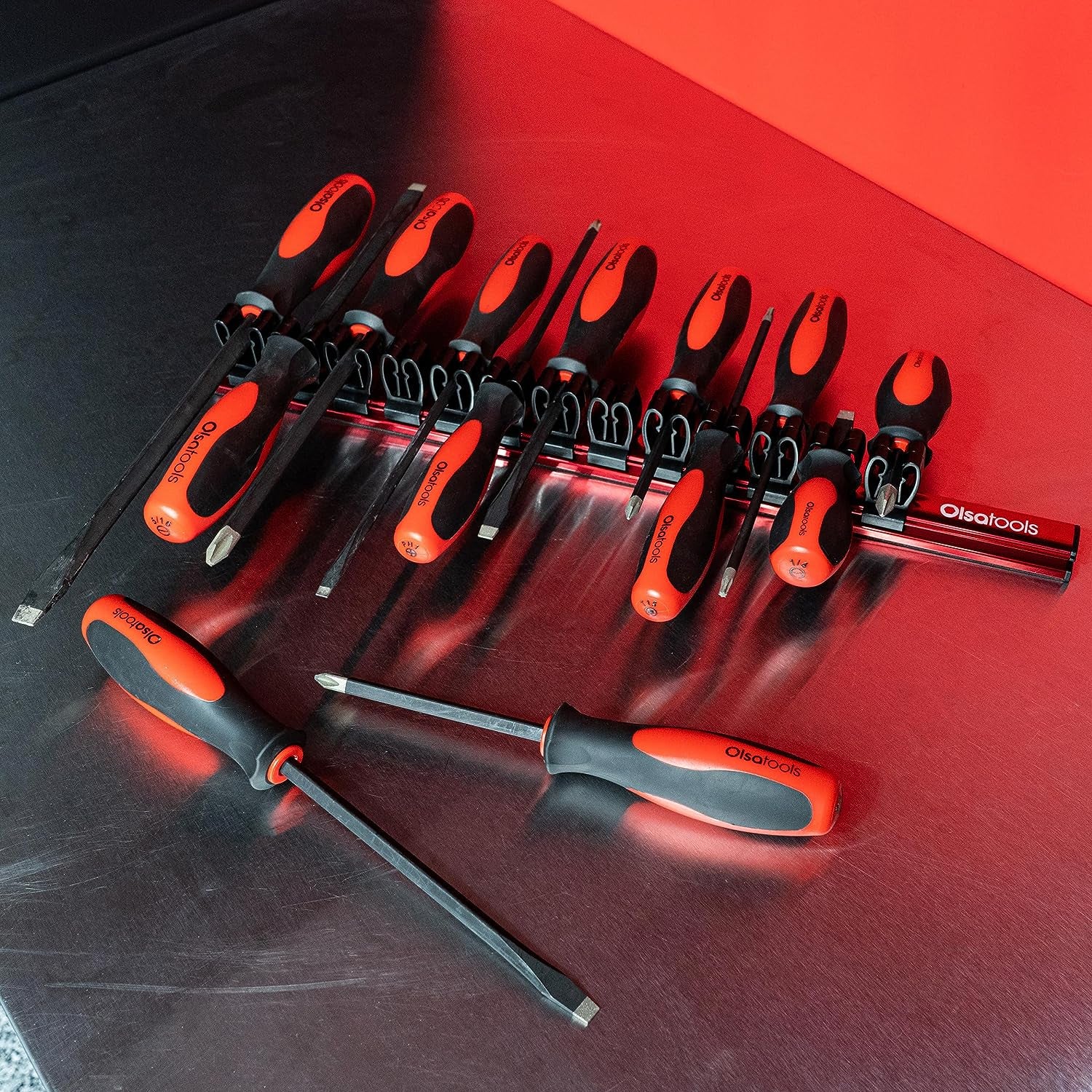 Magnetic Screwdriver Organizer - Screwdriver Holder with Strong Magnets and Foam Backing - Professional Tool Holder and Tool Organizer - Stores up to 16 Screwdrivers - Red - Part: 1008