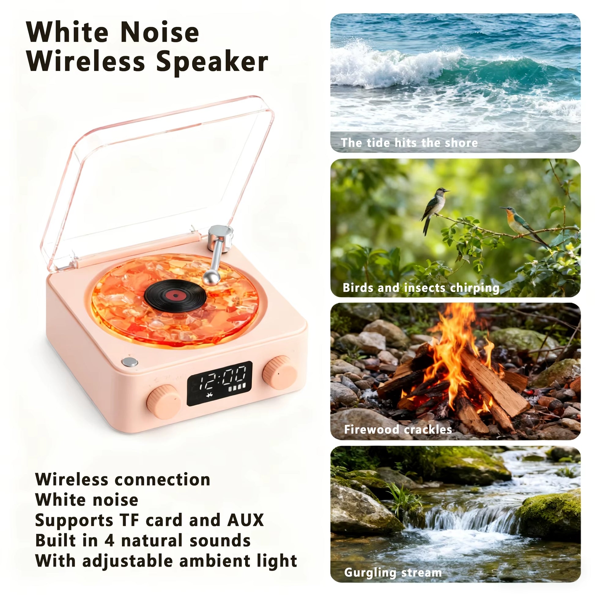 Retro Turntable Speaker with White Noise Wireless Bluetooth Vinyl Record Player Stereo Sound RGB Projection Lamp Effect