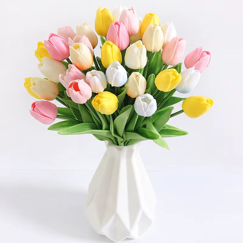 5/10/20Pcs Vibrant Multicolor 33Cm Artificial Tulip Bouquet Real Touch Faux Flowers for Home Office Weddings Easter Decorations